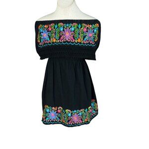 Mexican Black Embroidered Floral Off Shoulder Peasant Dress